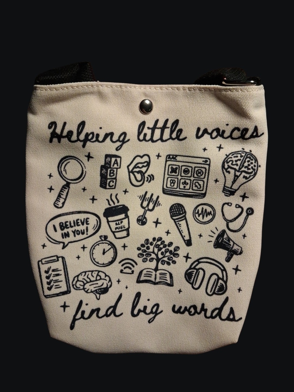 Helping Little Voices Canvas Pouch - Cream Black Print Speech Therapist Purse